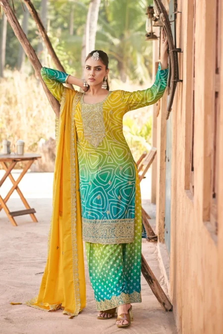 Multicolor Bandhej Print Chinon Embroidered Suit with Yellow Dupatta