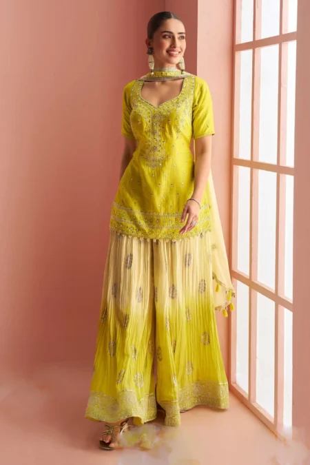 Lime Yellow Chinnon Silk Embroidered Short Top Palazzo Set