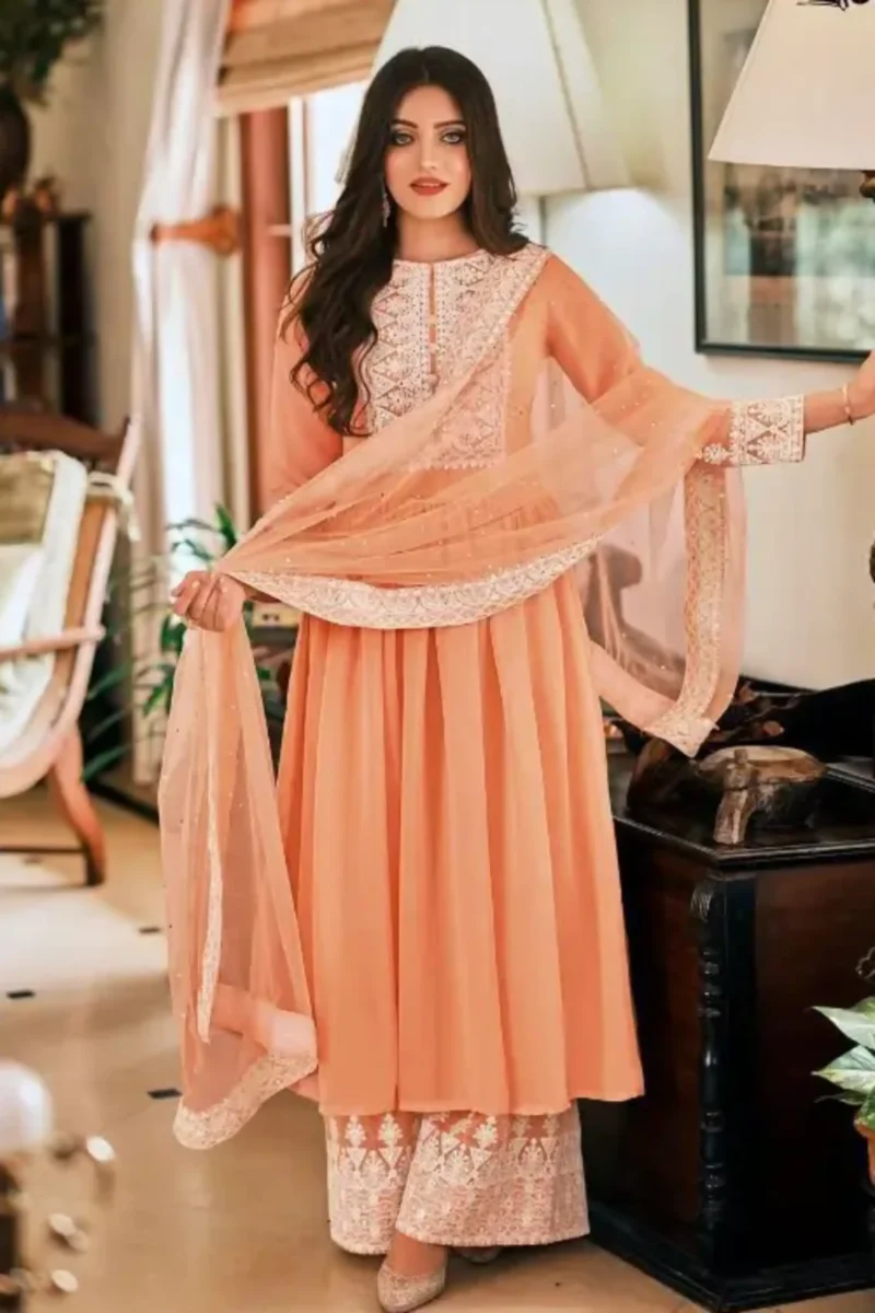 Peach Georgette Embroidered Anarkali Palazzo Suit with Net Dupatta