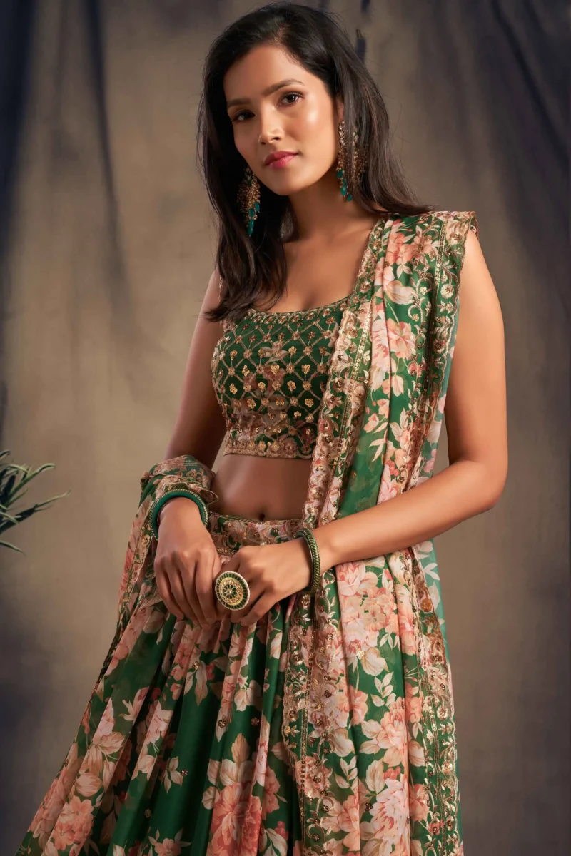 Green Organza Floral Printed Lehenga Set with Embroidered Blouse and Dupatta
