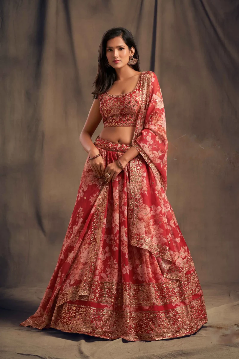 Red Organza Floral Printed Lehenga Set with Embroidered Blouse and Dupatta