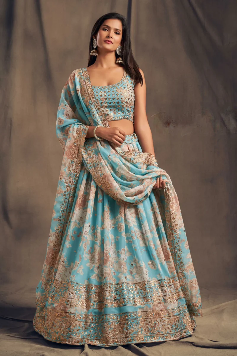Sky Blue Organza Floral Printed Lehenga Set with Embroidered Blouse and Dupatta