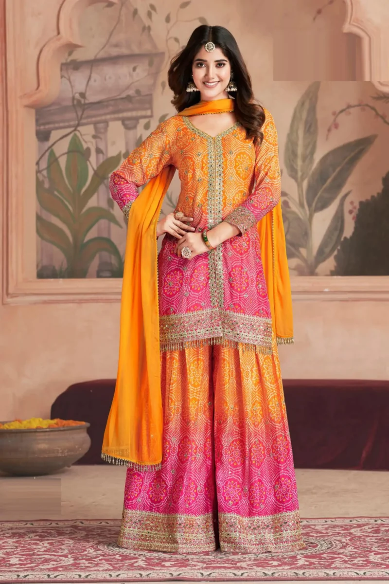 Orange & Pink Chinon Embroidered Straight Palazzo Suit with Chiffon Dupatta