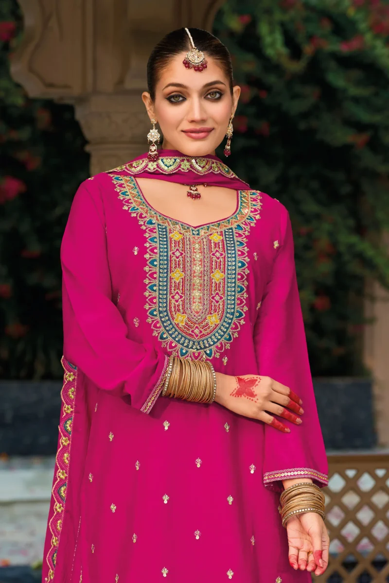 Pink Chinon Embroidered Straight Palazzo Suit with Dupatta