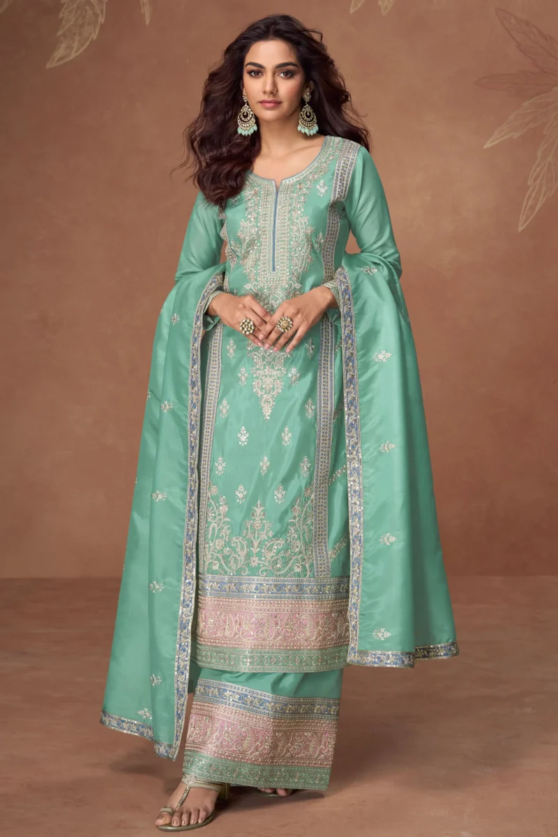 Turquoise Simar Silk Embroidered Straight Palazzo Suit with Dupatta