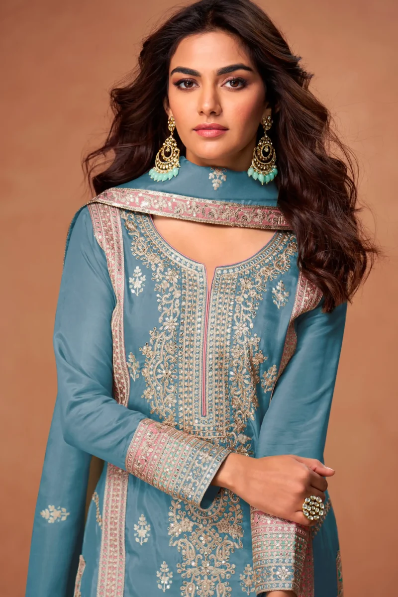 Blue Simar Silk Embroidered Straight Palazzo Suit with Dupatta