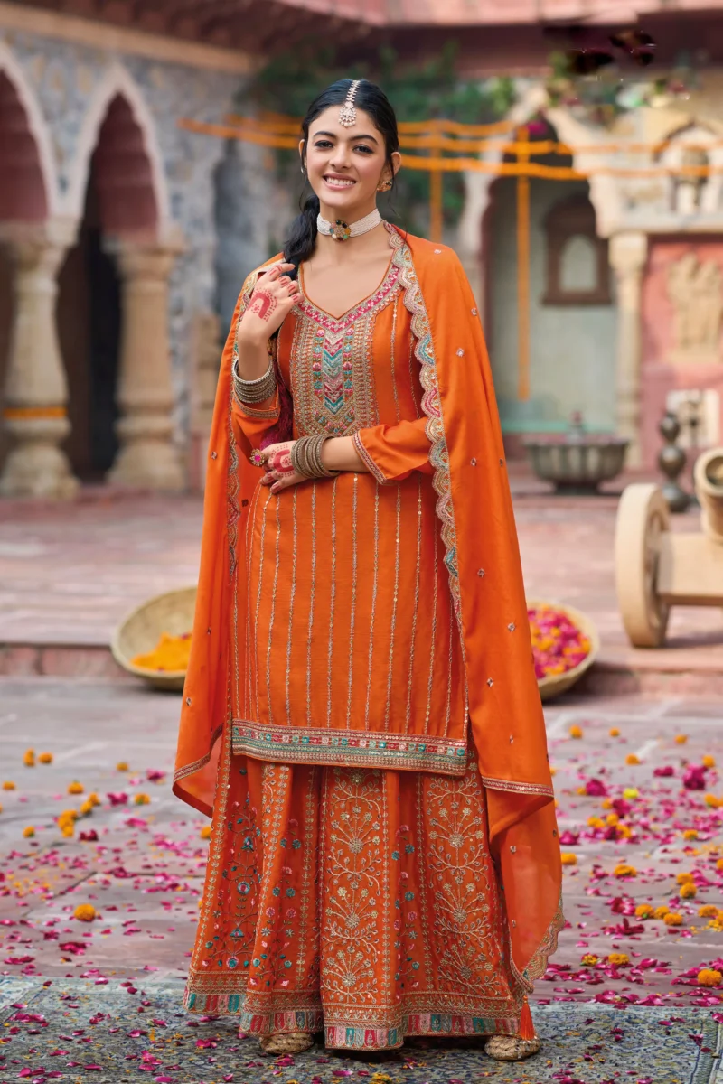 Orange Chinon Embroidered Straight Palazzo Suit with Dupatta