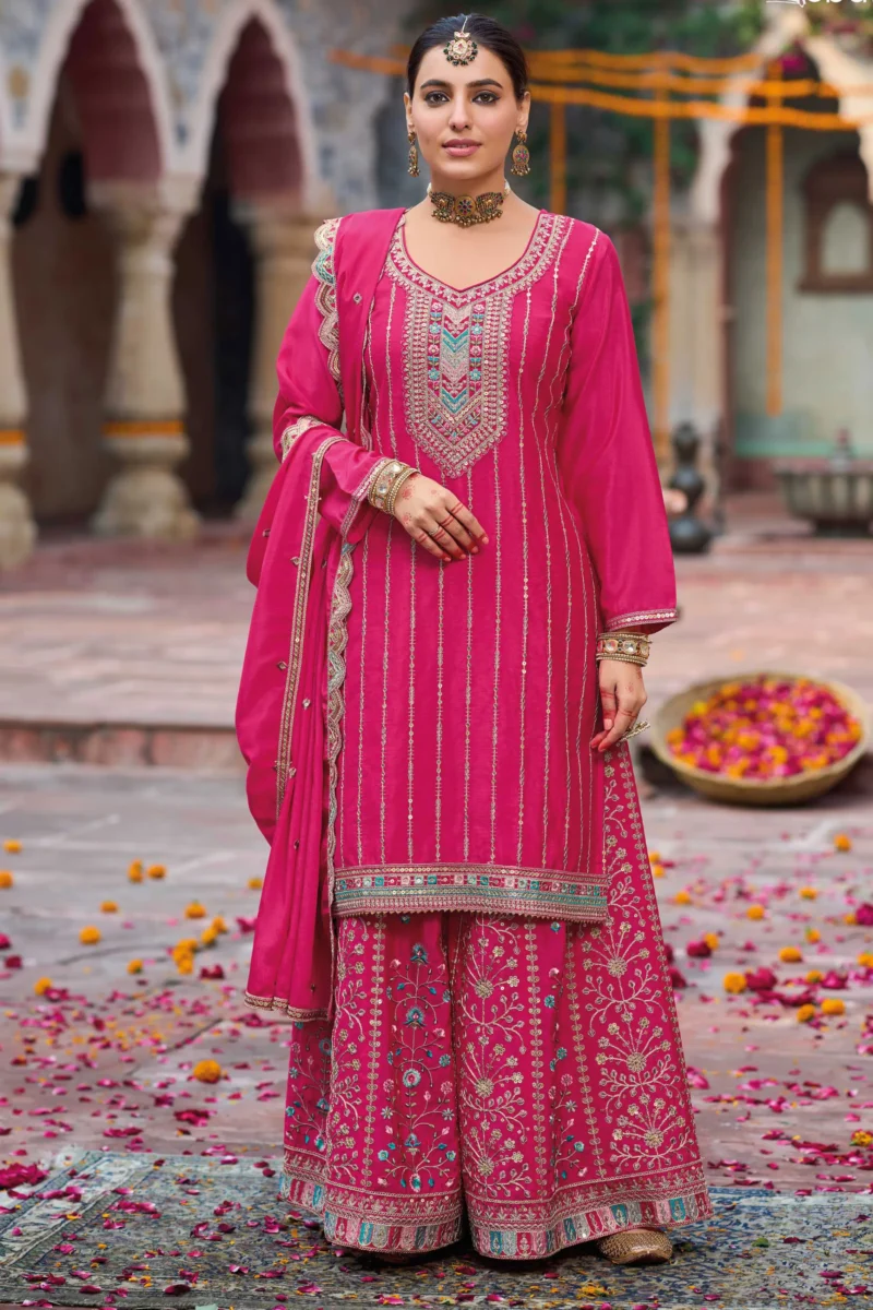 Pink Chinon Embroidered Straight Palazzo Suit with Dupatta