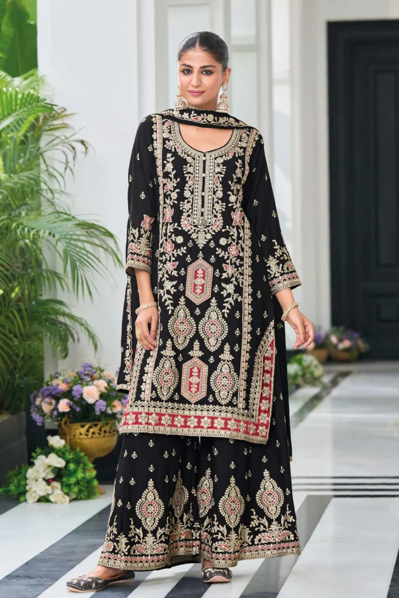 Black Chinon Embroidered Straight Palazzo Suit with Dupatta