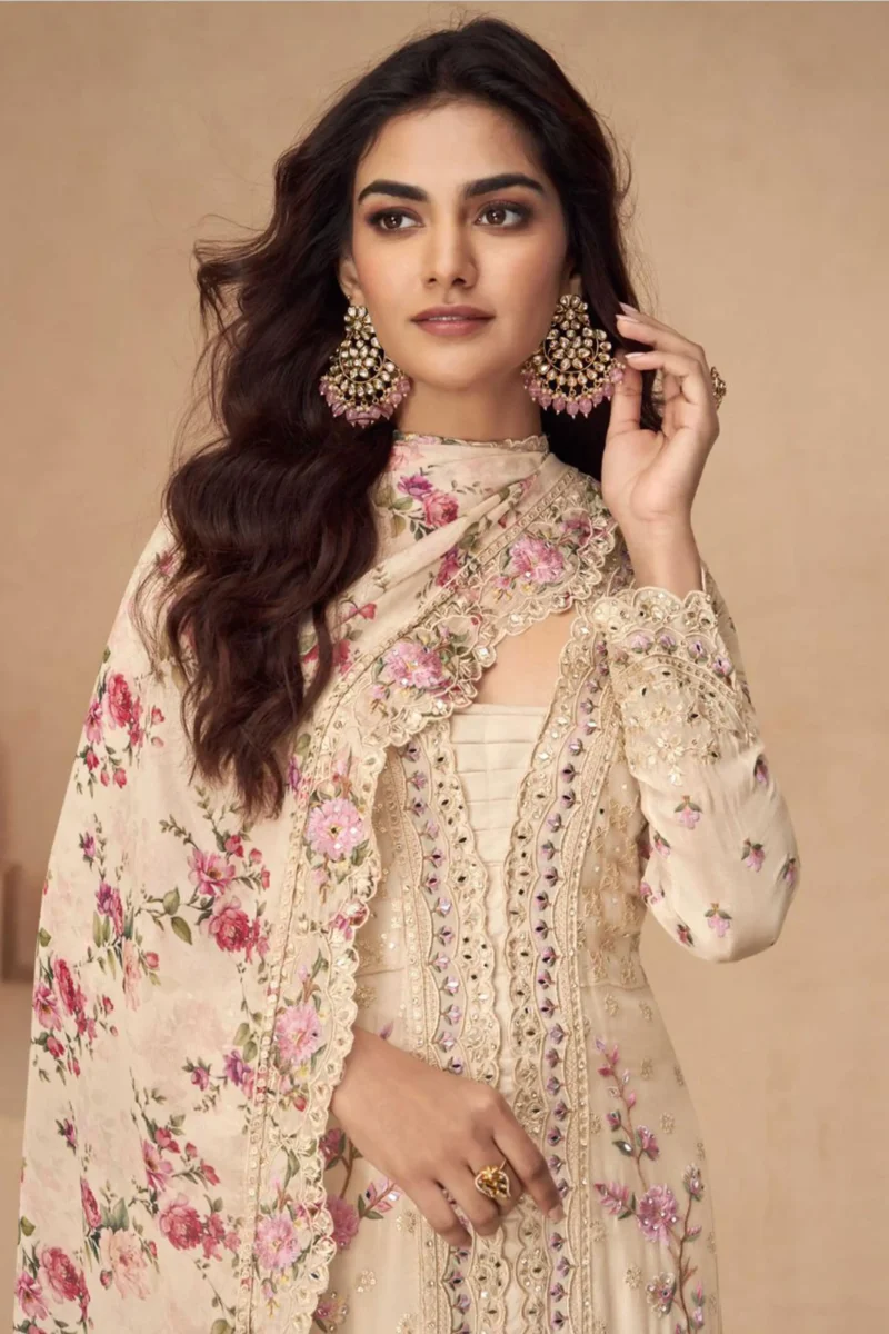 Beige Chinon Silk Embroidered Anarkali Palazzo Suit with Printed Dupatta