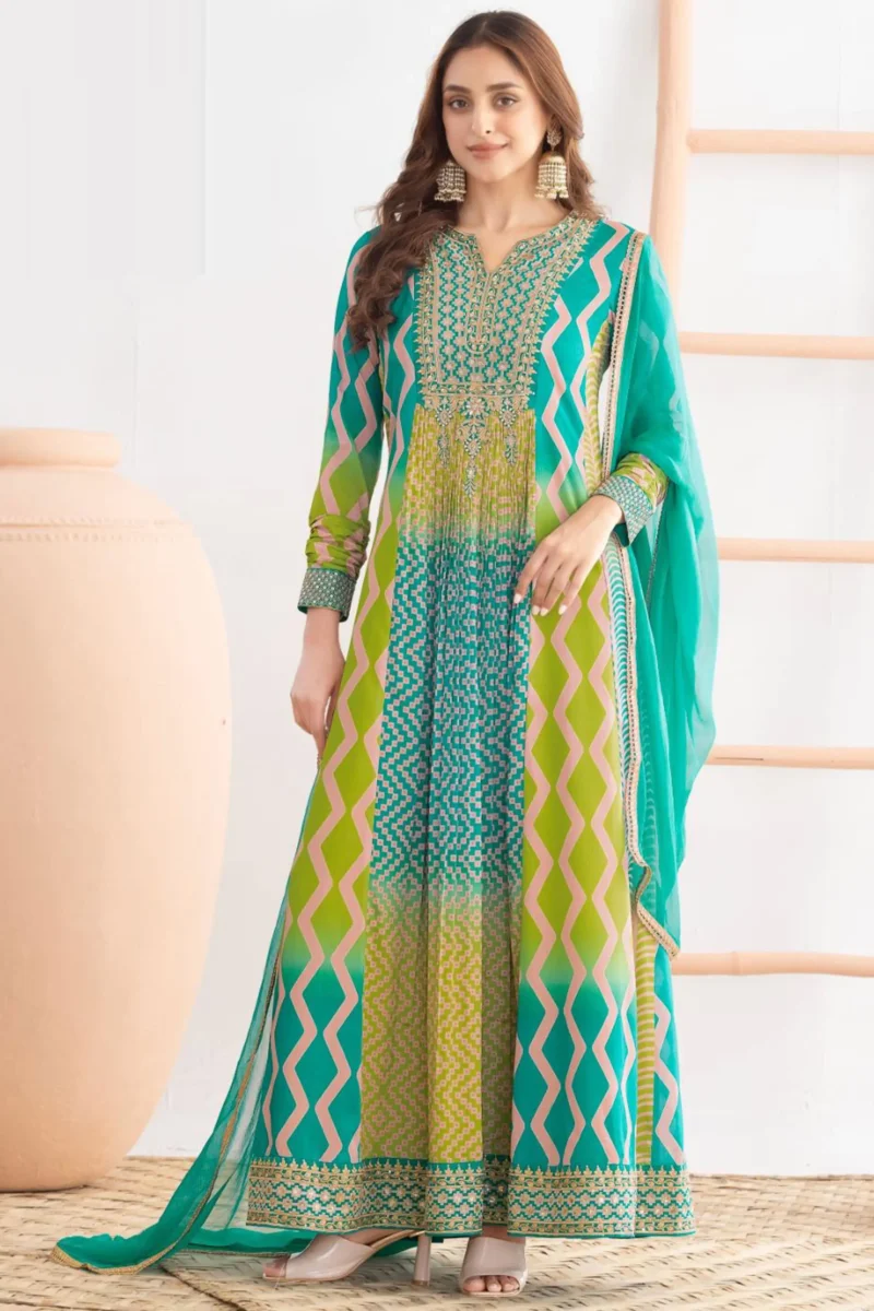 Blue & Lime Green Chinon Anarkali Suit with Leheriya Print and Viscose Chiffon Dupatta