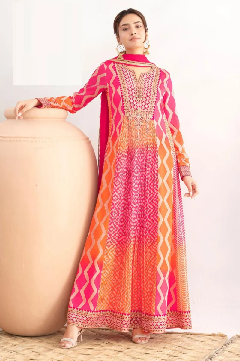 Orange & Rani Pink Chinon Anarkali Suit with Leheriya Print and Viscose Chiffon Dupatta