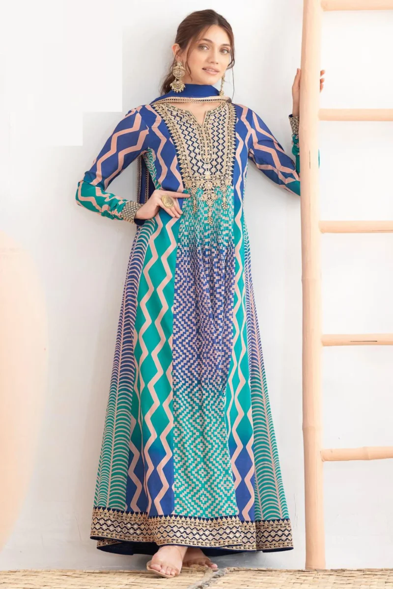 Sky Blue & Navy Blue Chinon Anarkali Suit with Leheriya Print and Viscose Chiffon Dupatta