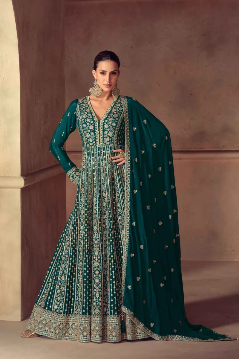 Teal Blue Chinon Embroidered Gown with Dupatta