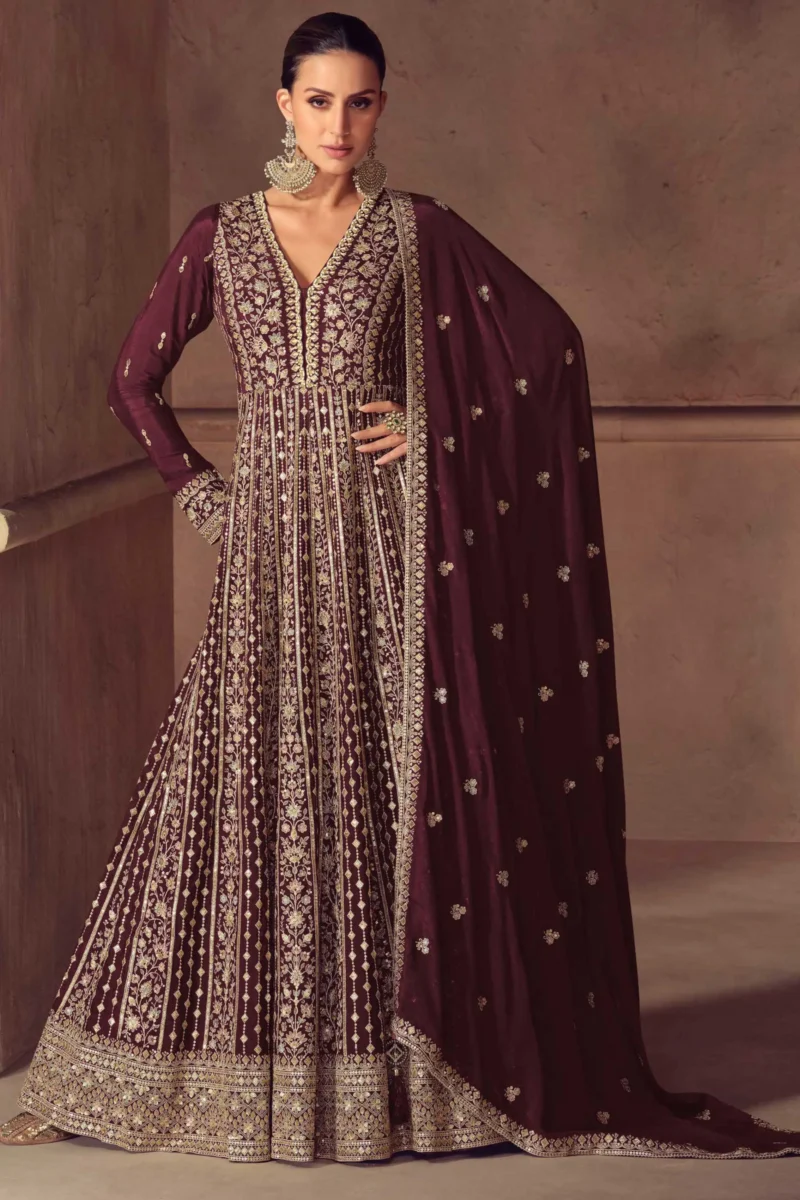 Wine Chinon Embroidered Gown with Dupatta
