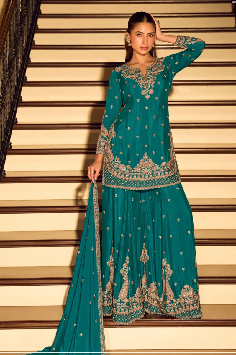 Firozi Premium Chinon Silk Embroidered Sharara Suit with Dupatta