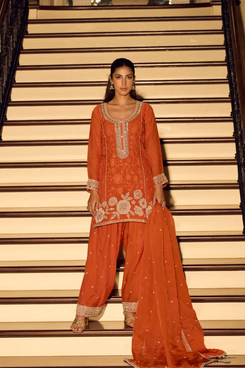Orange Premium Chinon Silk Embroidered Sharara Suit with Dupatta