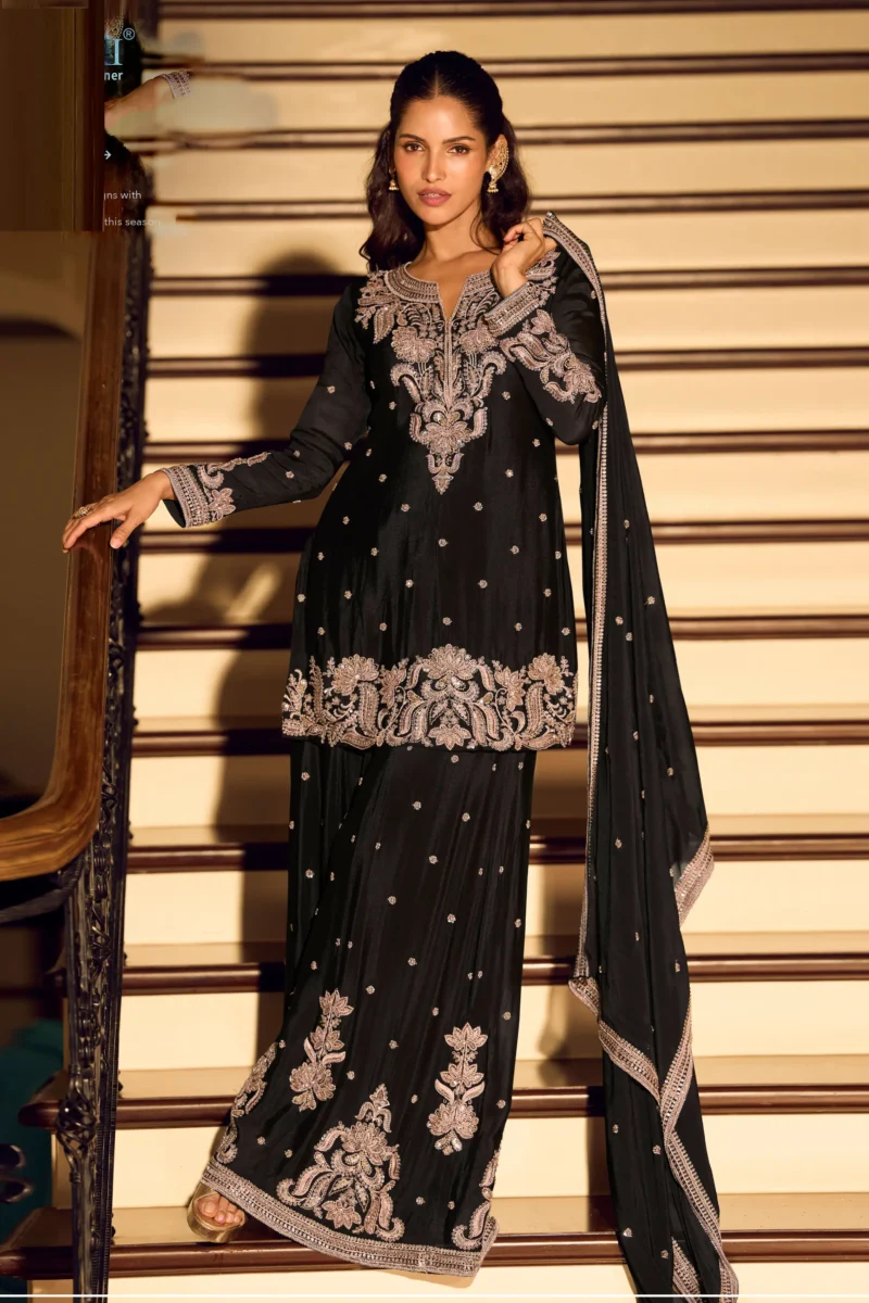 Black Premium Chinon Silk Embroidered Sharara Suit with Dupatta
