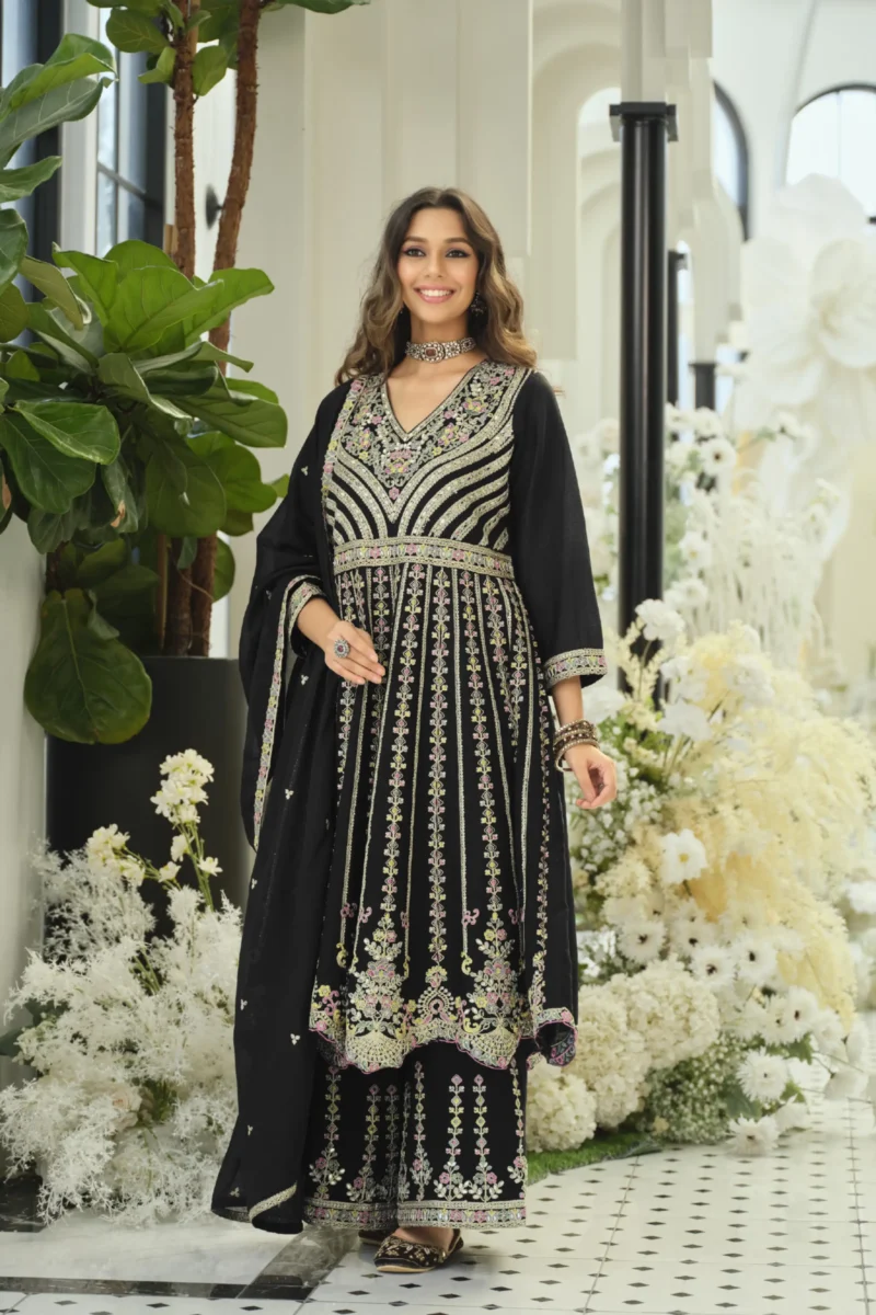 Black Chinon Thread Embroidered Anarkali Palazzo Suit with Dupatta