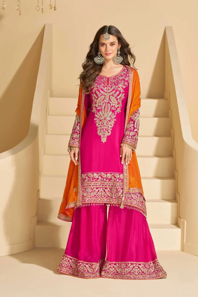 Rani Pink Chinon Straight Kurta Palazzo Set with Orange Dupatta