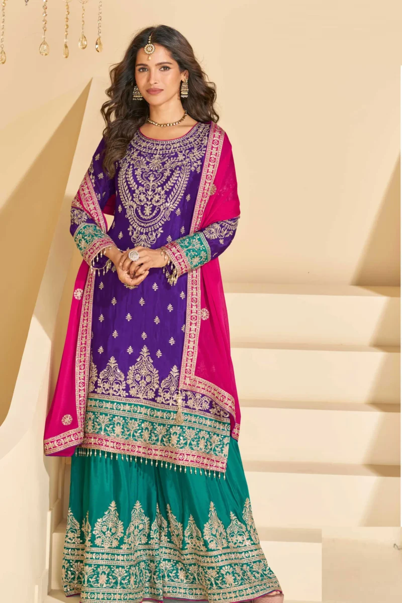 Purple Chinon Straight Kurta Palazzo Set with Rani Pink Dupatta