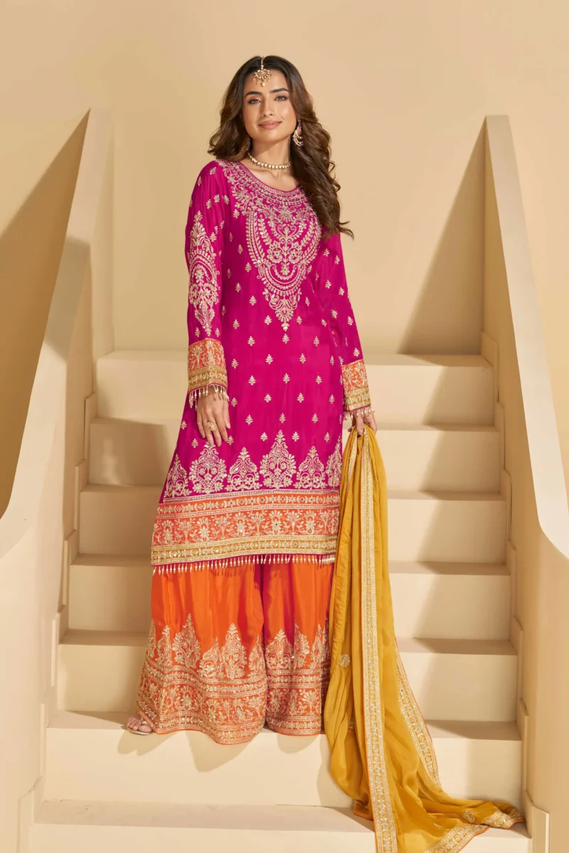 Rani Pink Chinon Straight Kurta Palazzo Set with Yellow Dupatta