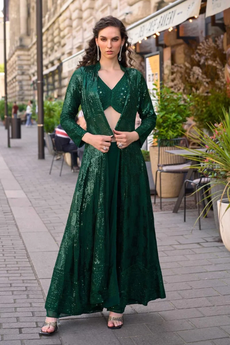 Green Georgette Embroidered Palazzo Set with Sequins Work Jacket & Blouse