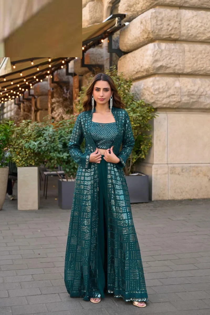 Bottle Green Georgette Embroidered Palazzo Set with Sequins Work Jacket & Blouse