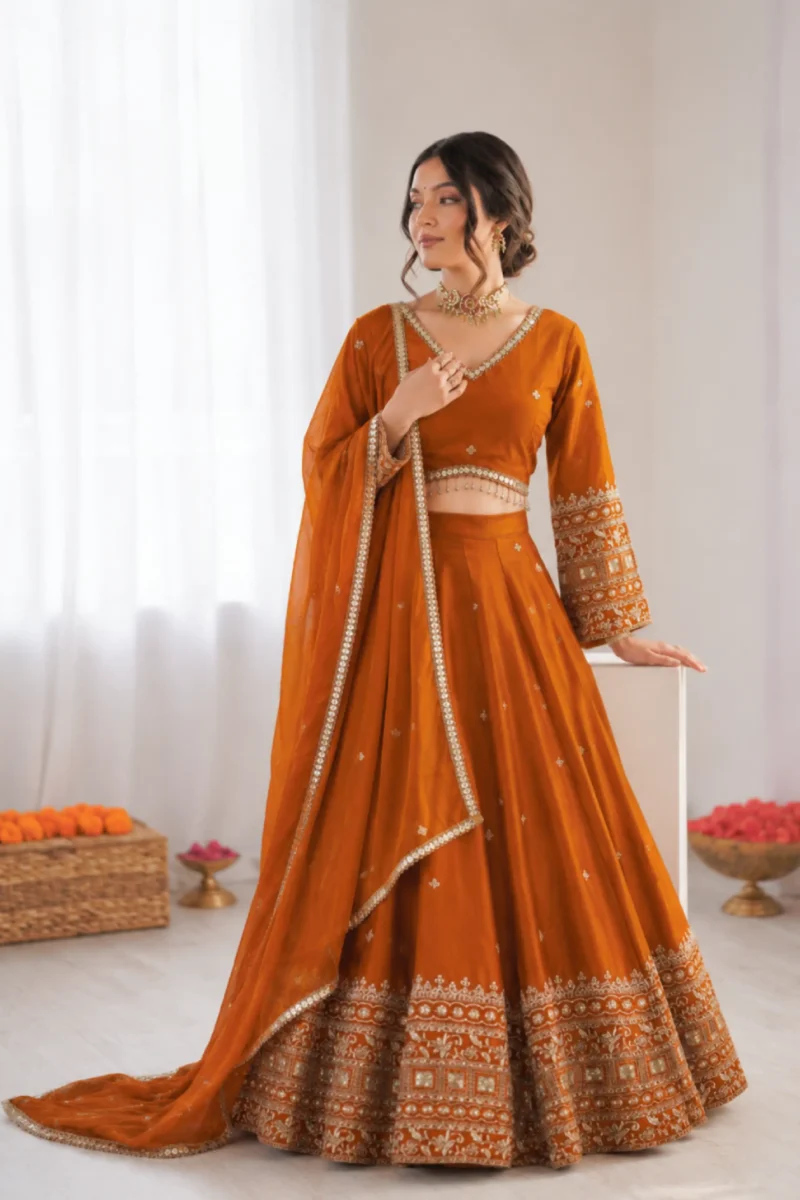 Orange satin Silk Thread & Sequence Embroidered Wedding Lehenga Choli