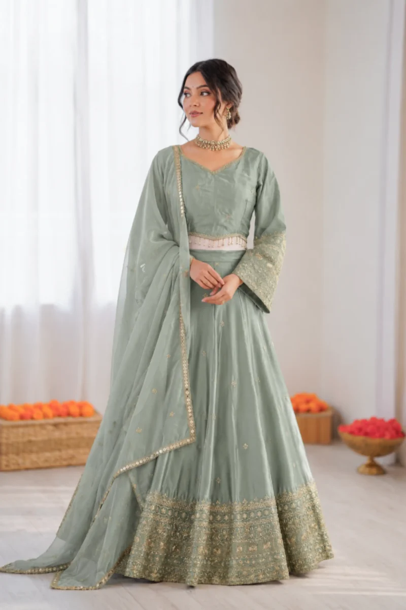 Sea Green satin Silk Thread & Sequence Embroidered Designer Lehenga