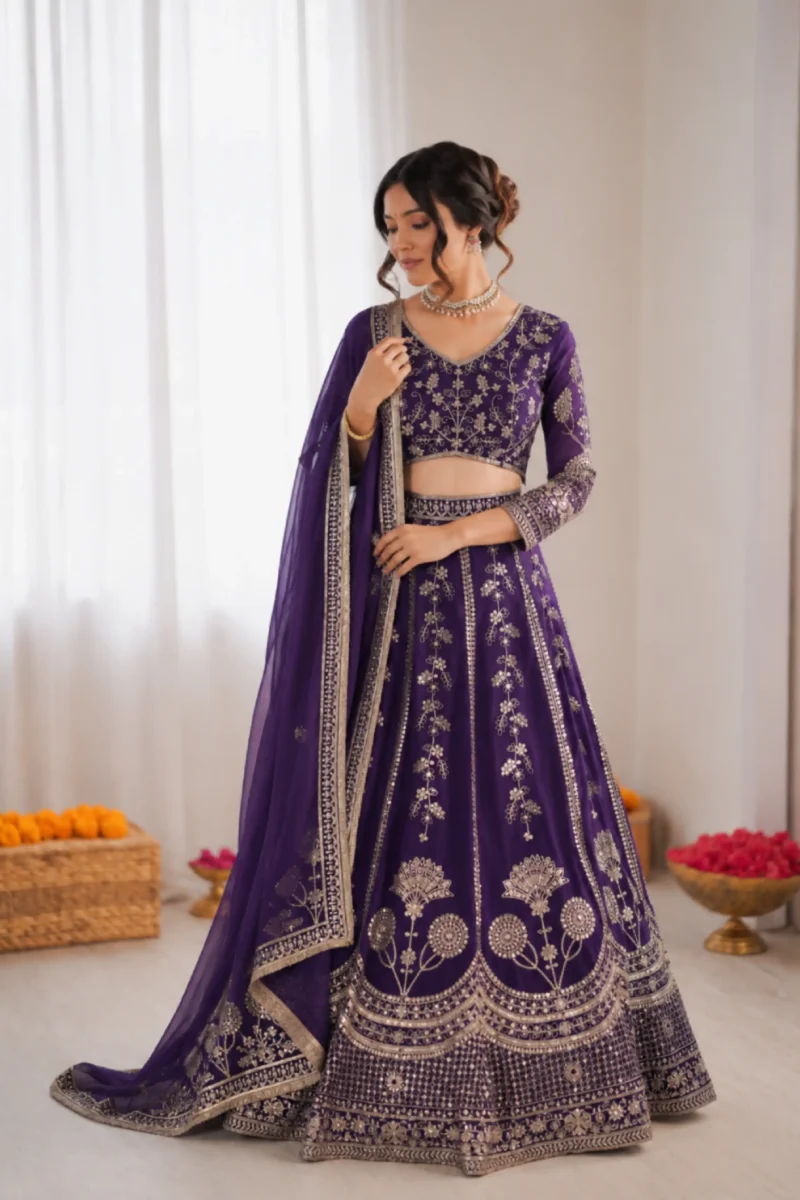 Royal Purple Georgette Thread & Sequence Embroidered Lehenga Choli