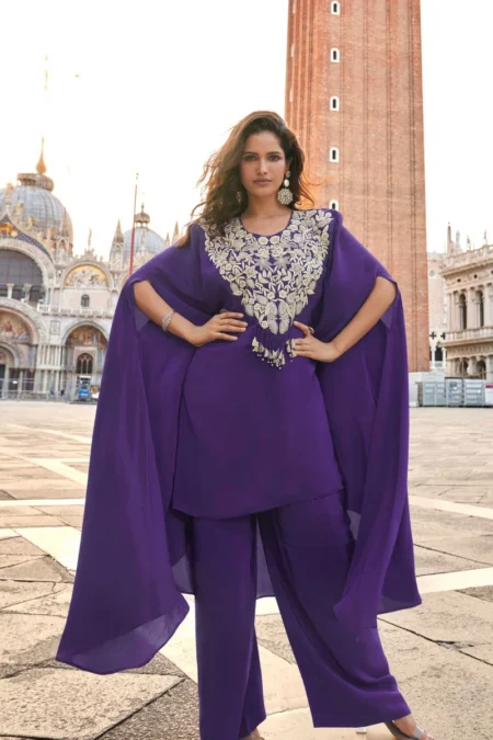 Royal Purple Crepe Silk Hand Embroidered Kaftan Palazzo Suit Set