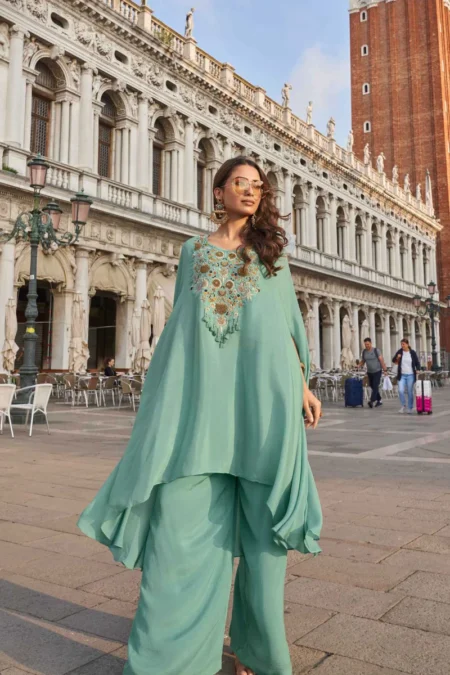 Sea Green Crepe Silk Hand Embroidered Kaftan Palazzo Suit Set