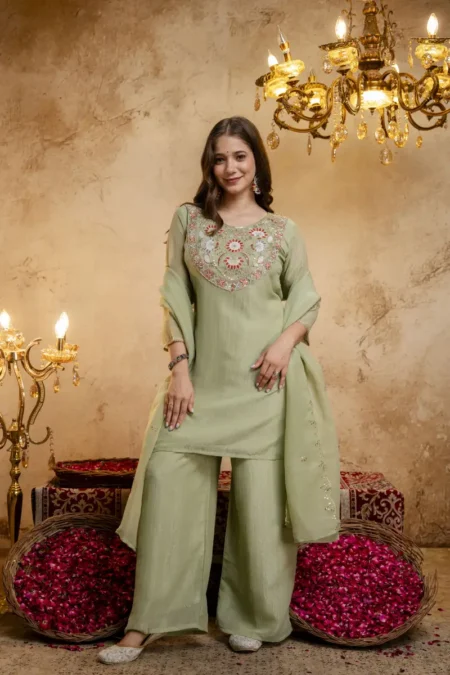 Pista Green Crunchy Silk Gota Patti Palazzo Suit Set