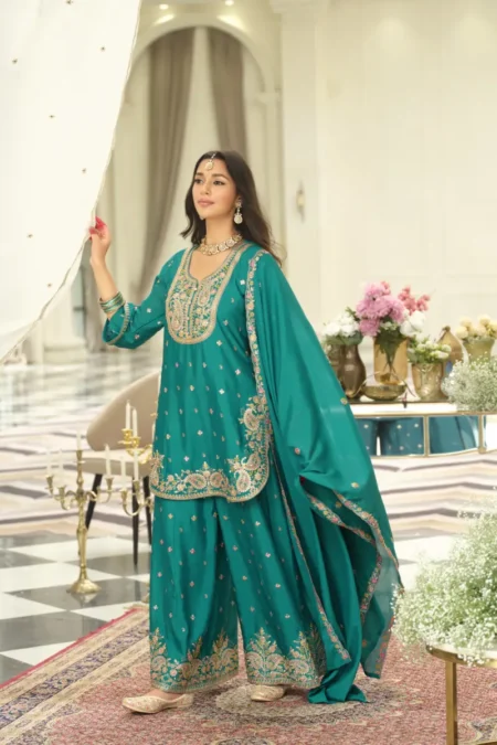 Teal Blue Chinon Heavy Embroidery Work Anarkali Suit Set