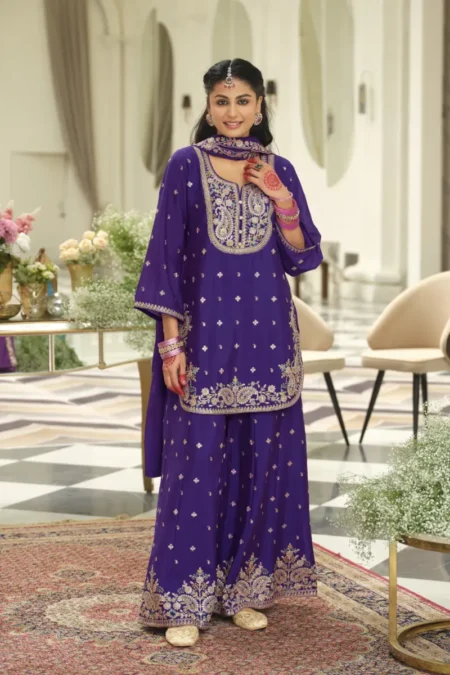 Purple Chinon Heavy Embroidery Work Anarkali Suit Set