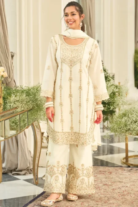 Off White Chinon Heavy Embroidered Palazzo Suit