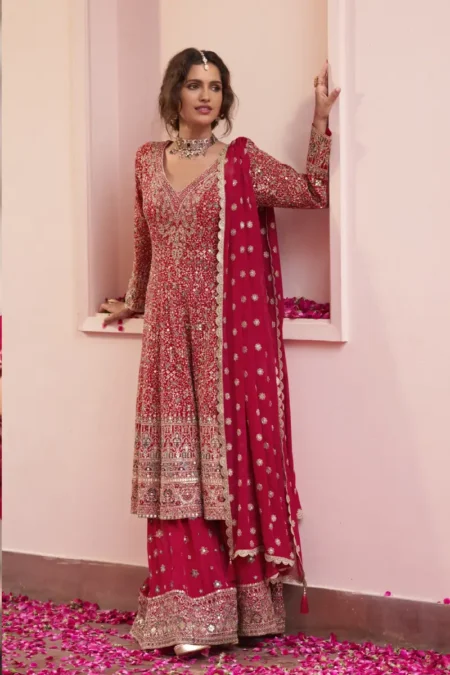 Red Heavy Embroidered Georgette Sharara Suit Set