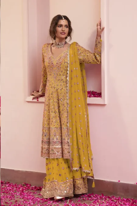 Yellow Heavy Embroidered Georgette Sharara Suit Set