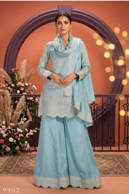 Sky Blue Chinon Ribbon Work Sharara Suit Set
