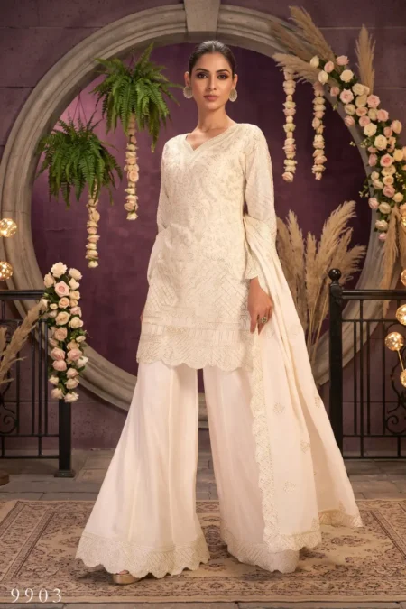 Off-White Chinon Ribbon Work Sharara Suit Set