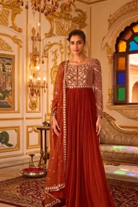 Rust Orange Georgette Hand Embroidered Flared Anarkali