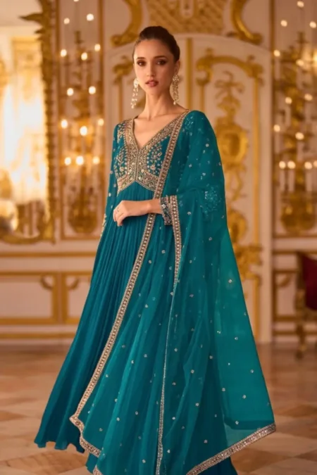 Teal Blue Georgette Hand Embroidered Flared Anarkali