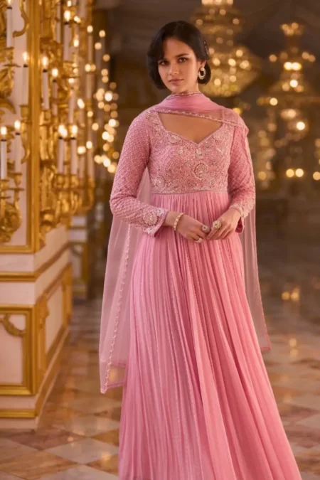 Dusty Pink Georgette Hand Embroidered Flared Anarkali