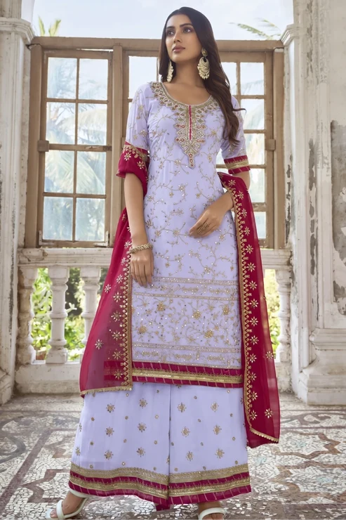Lavendar Georgette Heavy Embroidered Palazzo Suit