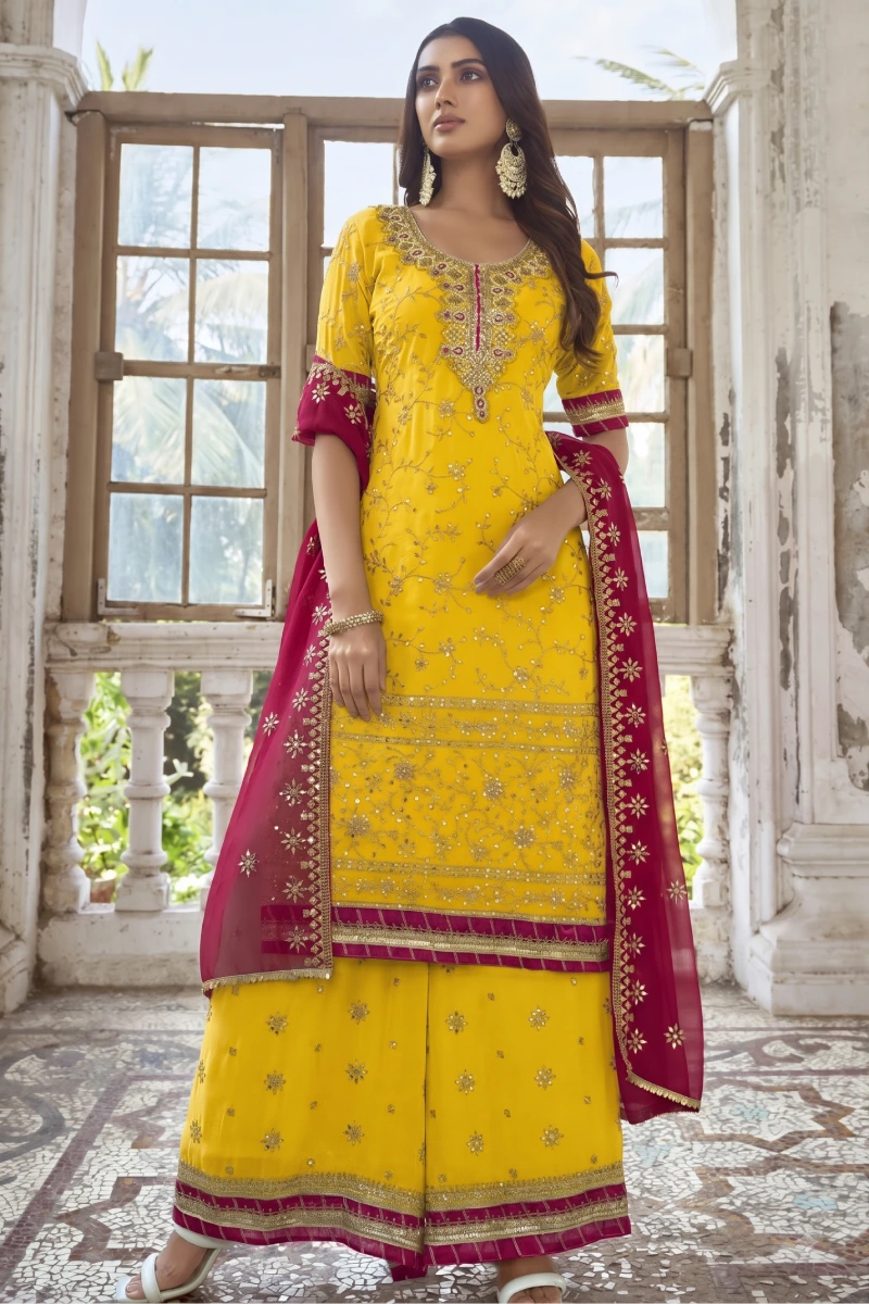Yellow Georgette Heavy Embroidered Palazzo Suit