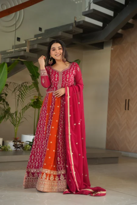 Pink & Orange Dual-Tone Zari & Sequins Embroidered Faux Georgette Anarkali Suit Set with Dupatta