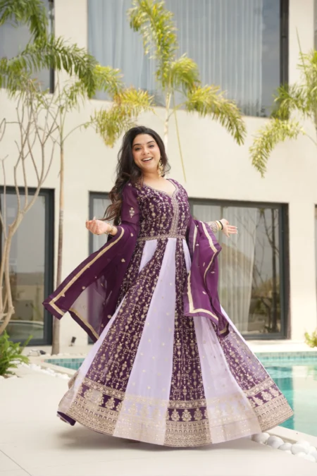 Wine & Lilac Dual-Tone Zari & Sequins Embroidered Faux Georgette Anarkali Suit Set with Dupatta