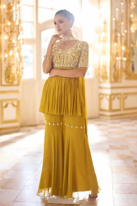Mustard Yellow Chinon Heavy Embroidered Peplum Short Kurti Sharara Suit Set with Dupatta
